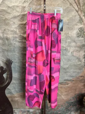 90911-23 Linen Print Pants-Fuchsia