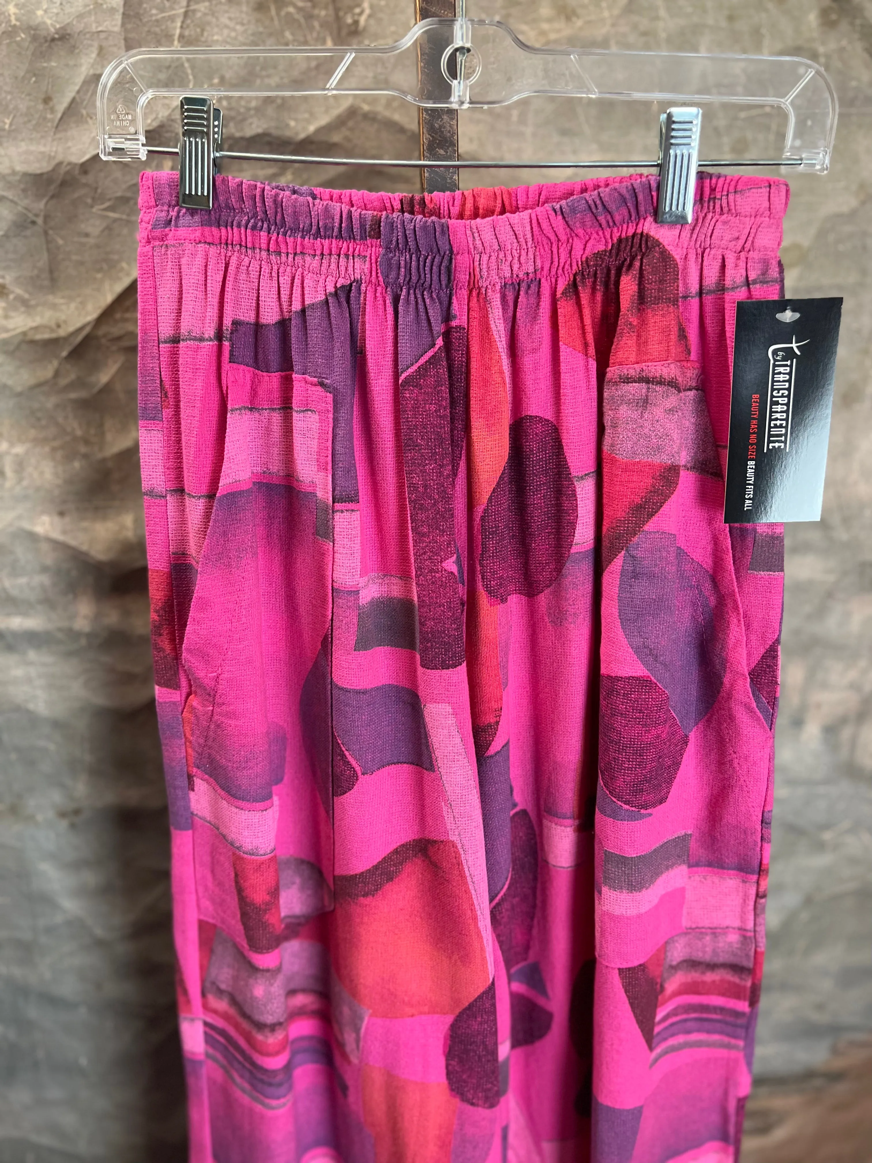 90911-23 Linen Print Pants-Fuchsia