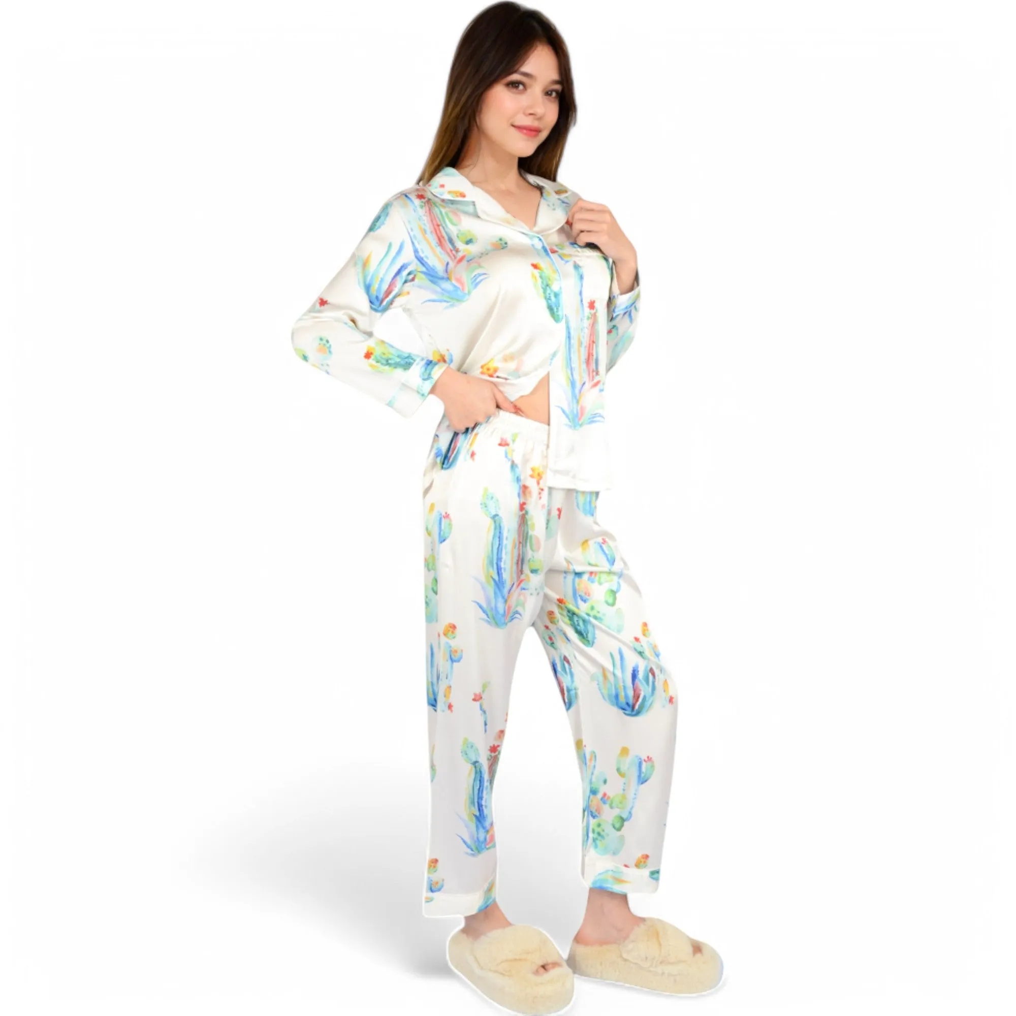 Anna-Kaci Women's Satin Pajama Set with Cactus Print and Relaxed Fit