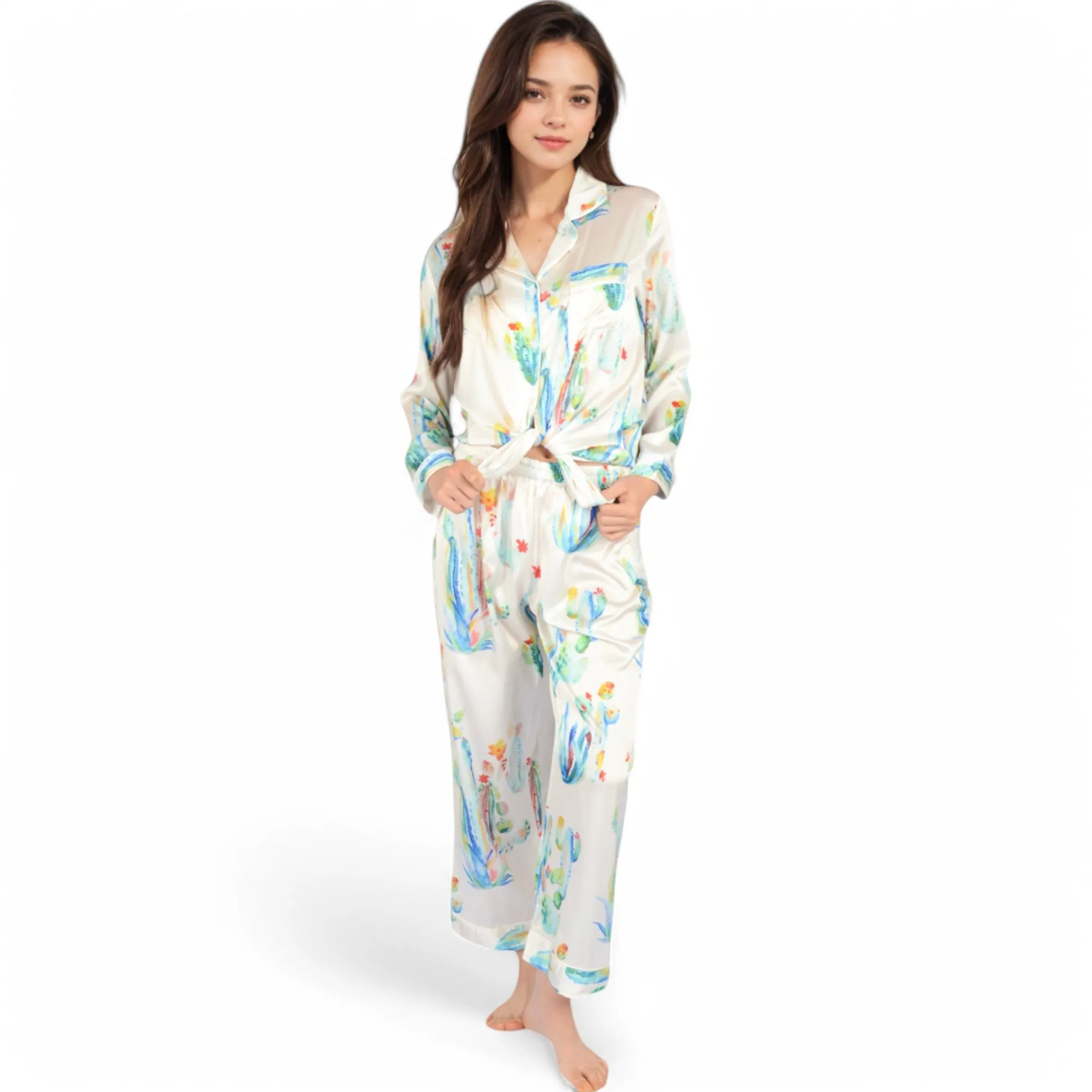 Anna-Kaci Women's Satin Pajama Set with Cactus Print and Relaxed Fit