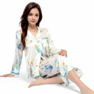 Anna-Kaci Women's Satin Pajama Set with Cactus Print and Relaxed Fit