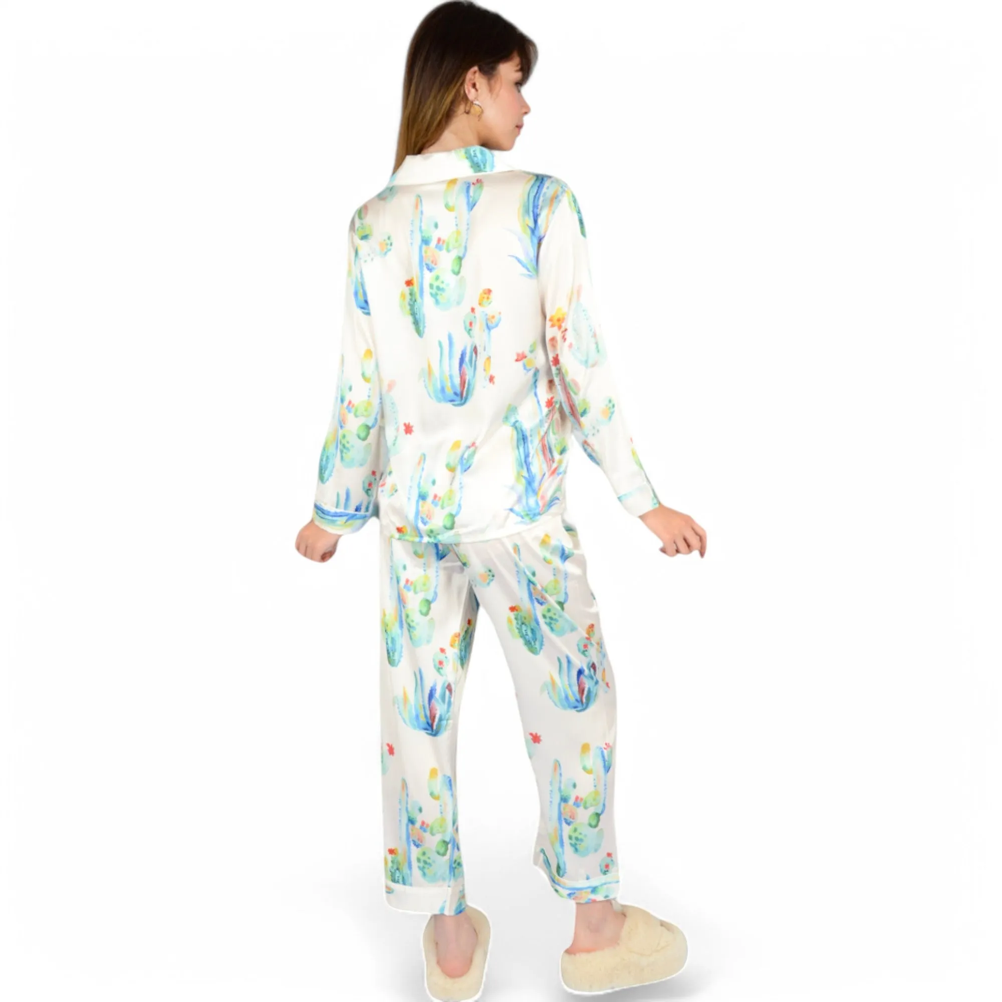 Anna-Kaci Women's Satin Pajama Set with Cactus Print and Relaxed Fit