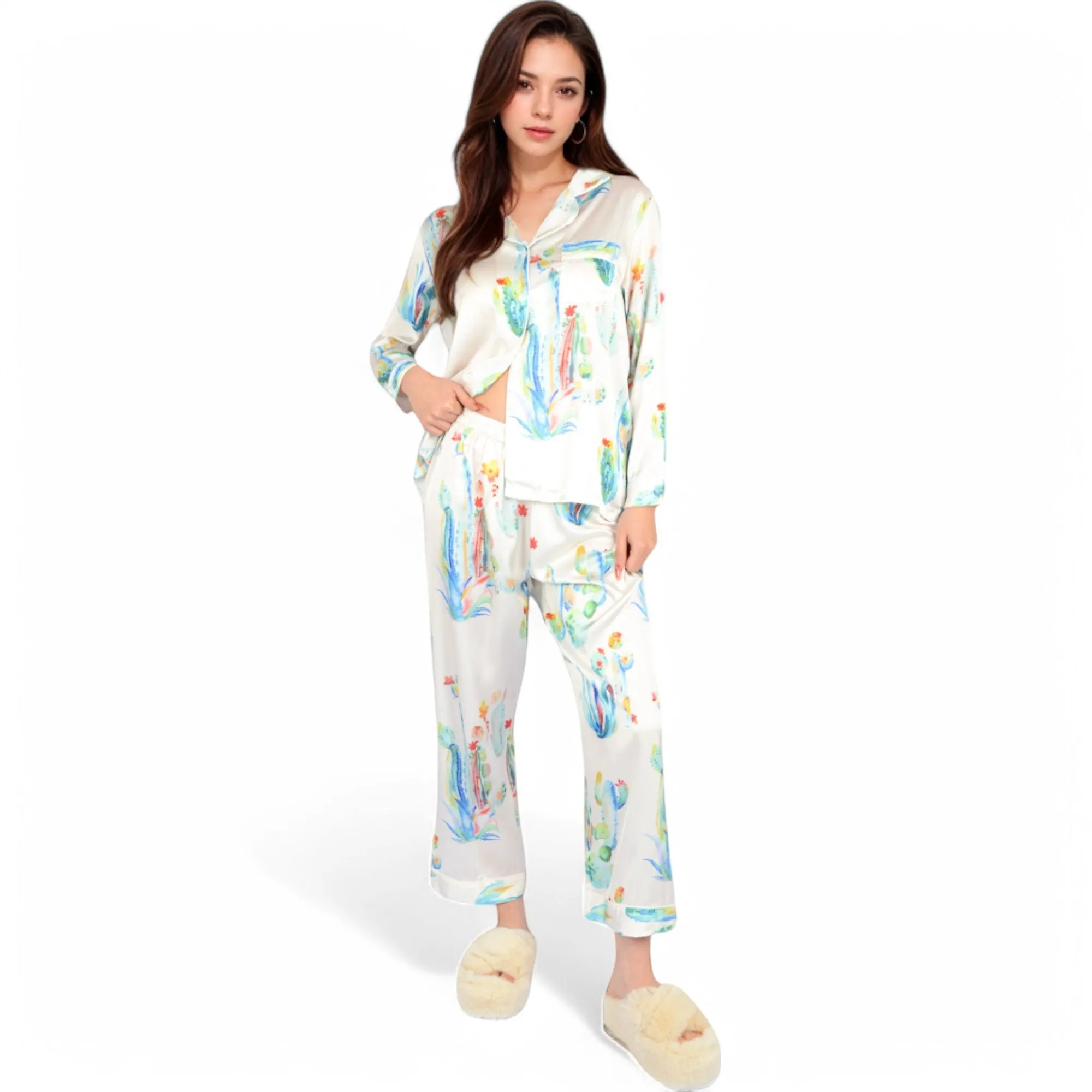 Anna-Kaci Women's Satin Pajama Set with Cactus Print and Relaxed Fit