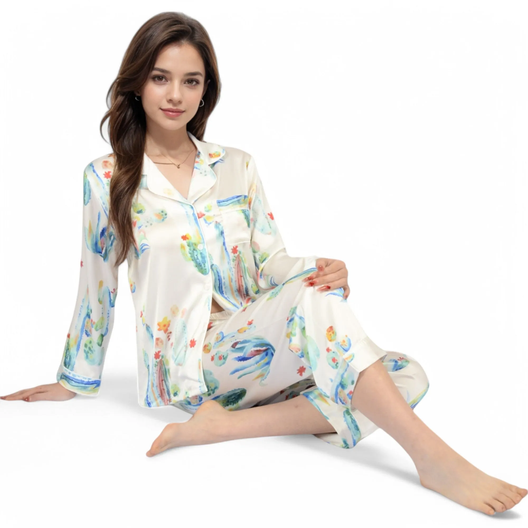 Anna-Kaci Women's Satin Pajama Set with Cactus Print and Relaxed Fit