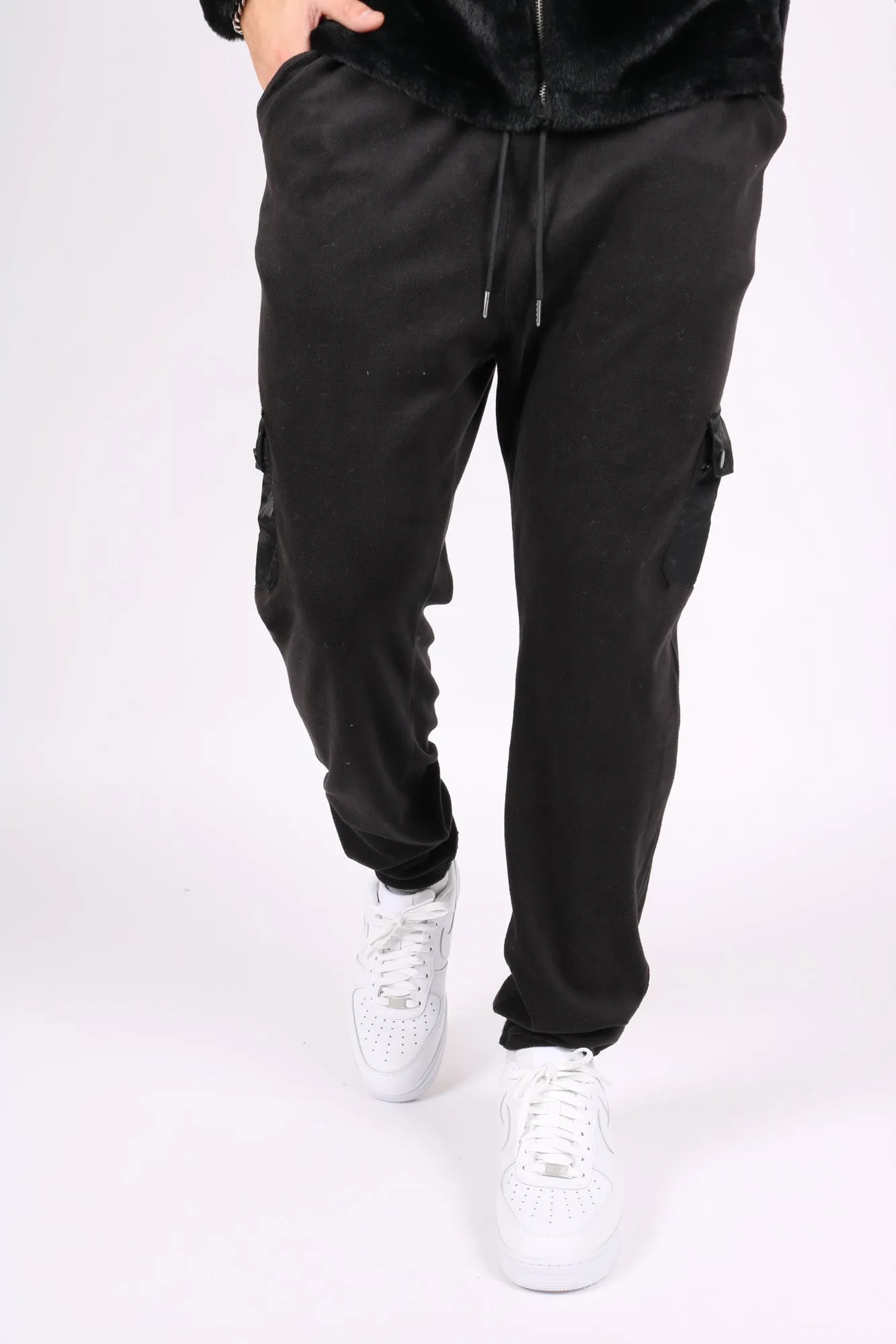 Black Polar Fleece Utility Cargo Joggers