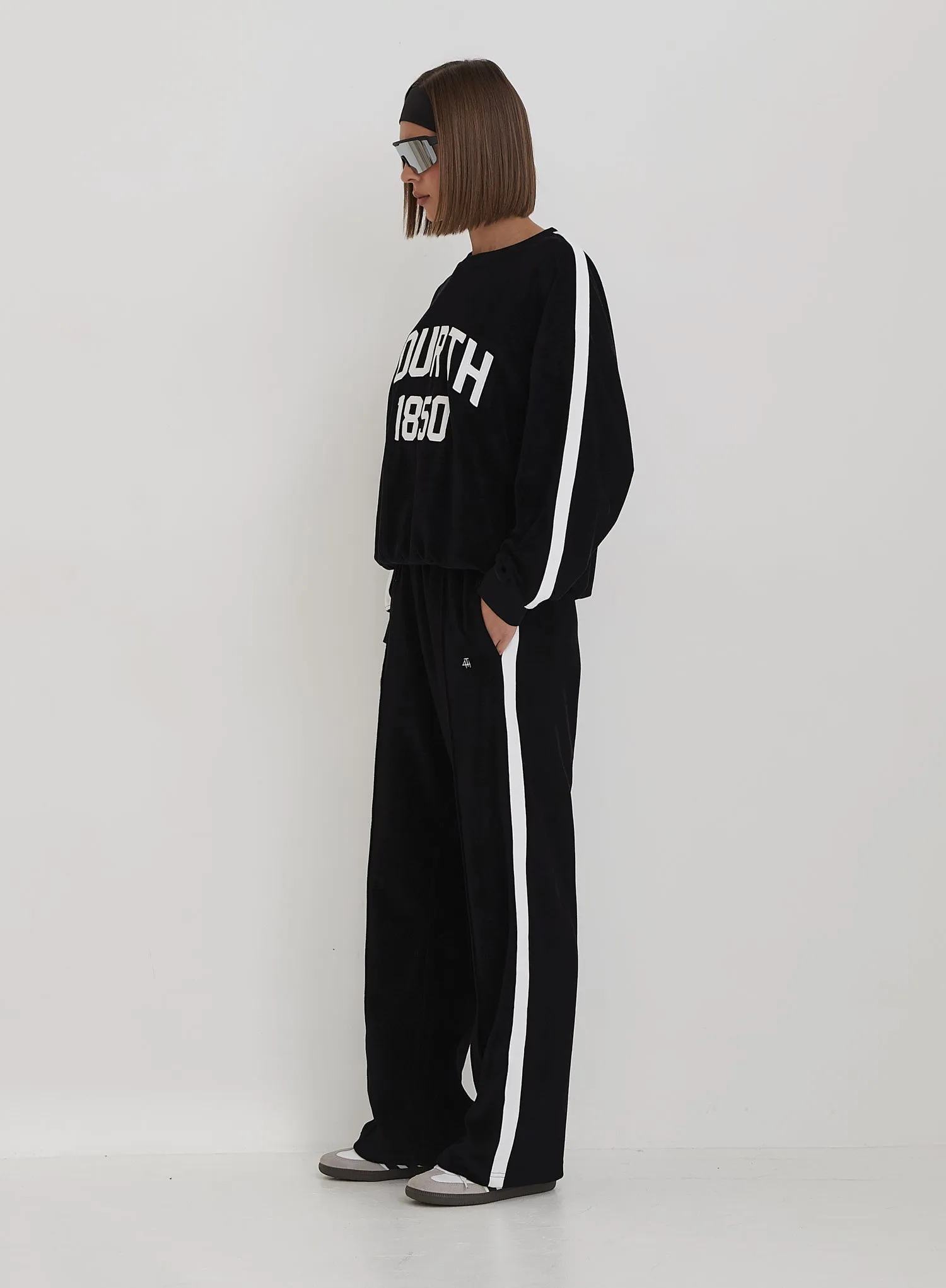 Black Velour Constrast Stripe Wide Leg Jogger- Cacie