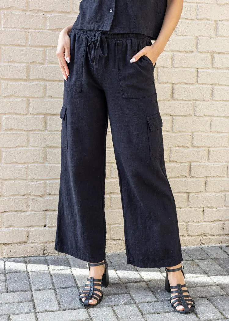 Bobi Wide Leg Cargo Pants- Black