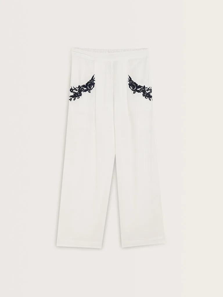 Bombay Paisley White Floral Cotton Blend High-Rise Pants