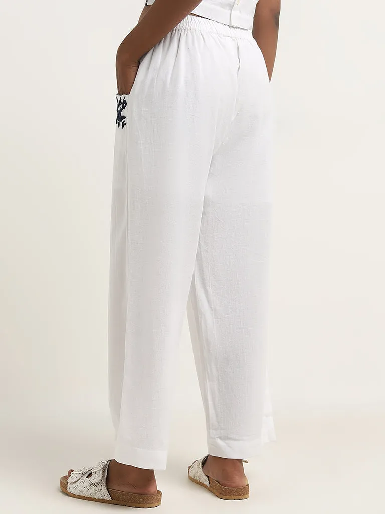 Bombay Paisley White Floral Cotton Blend High-Rise Pants