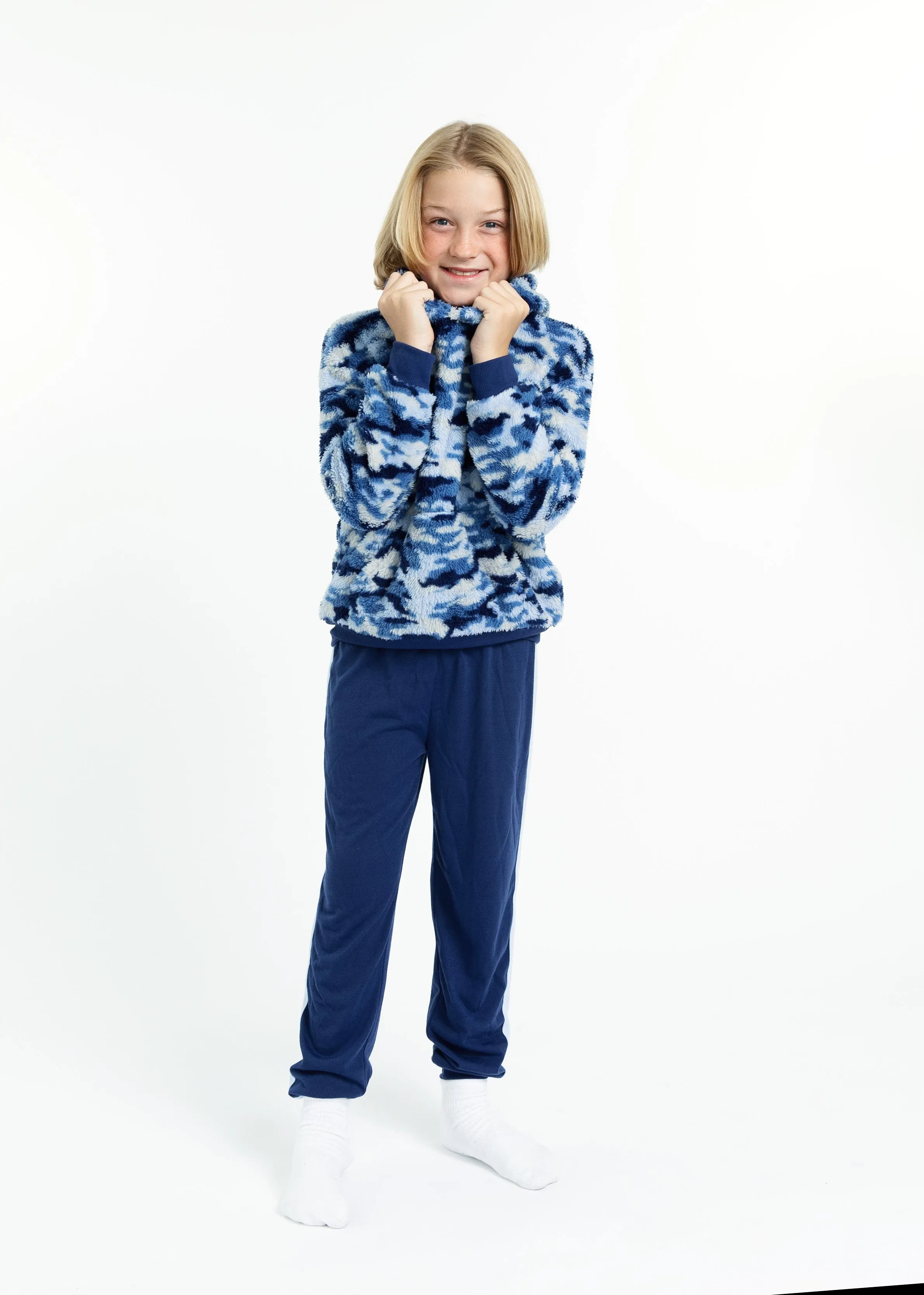 Boys Blue Camo Soft Novelty Fleece 2-Piece Hooded Pajama Sleep Pant Set