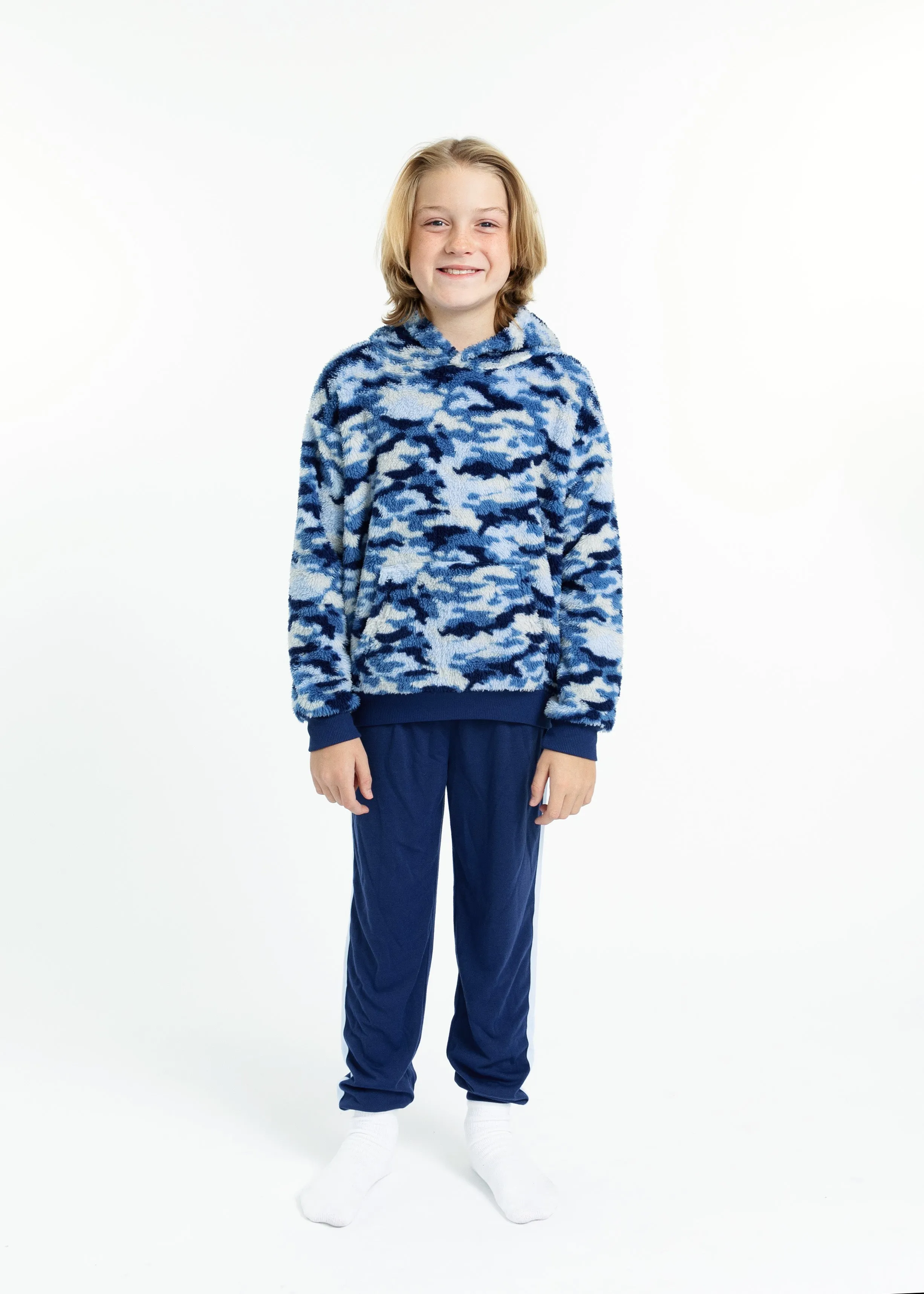 Boys Blue Camo Soft Novelty Fleece 2-Piece Hooded Pajama Sleep Pant Set