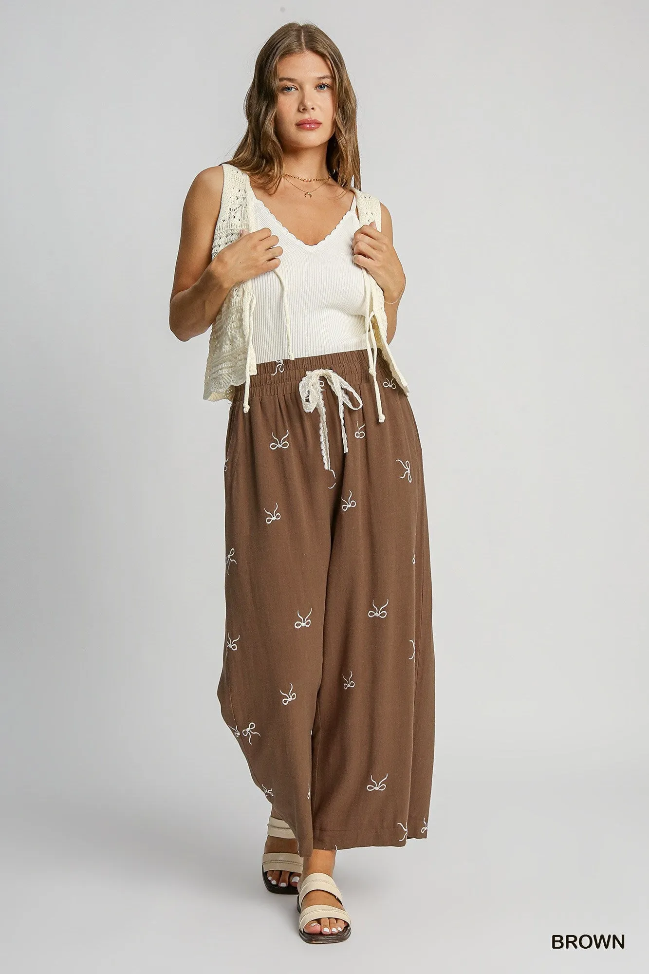 Brown Linen Blend Pants w/ Ecru Embroidered Bows