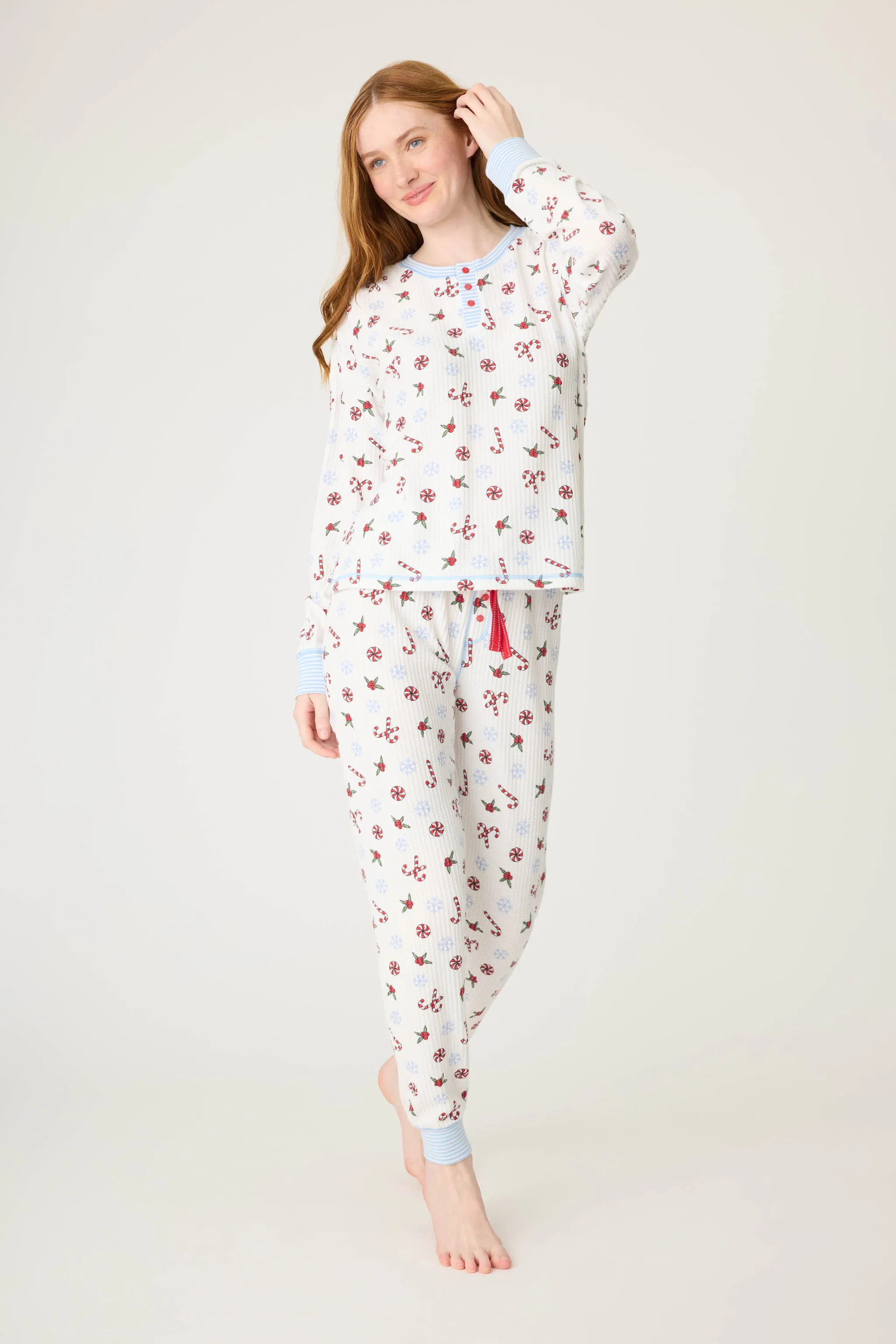 Candy Cane Waffle Thermal Ski Jammie Set