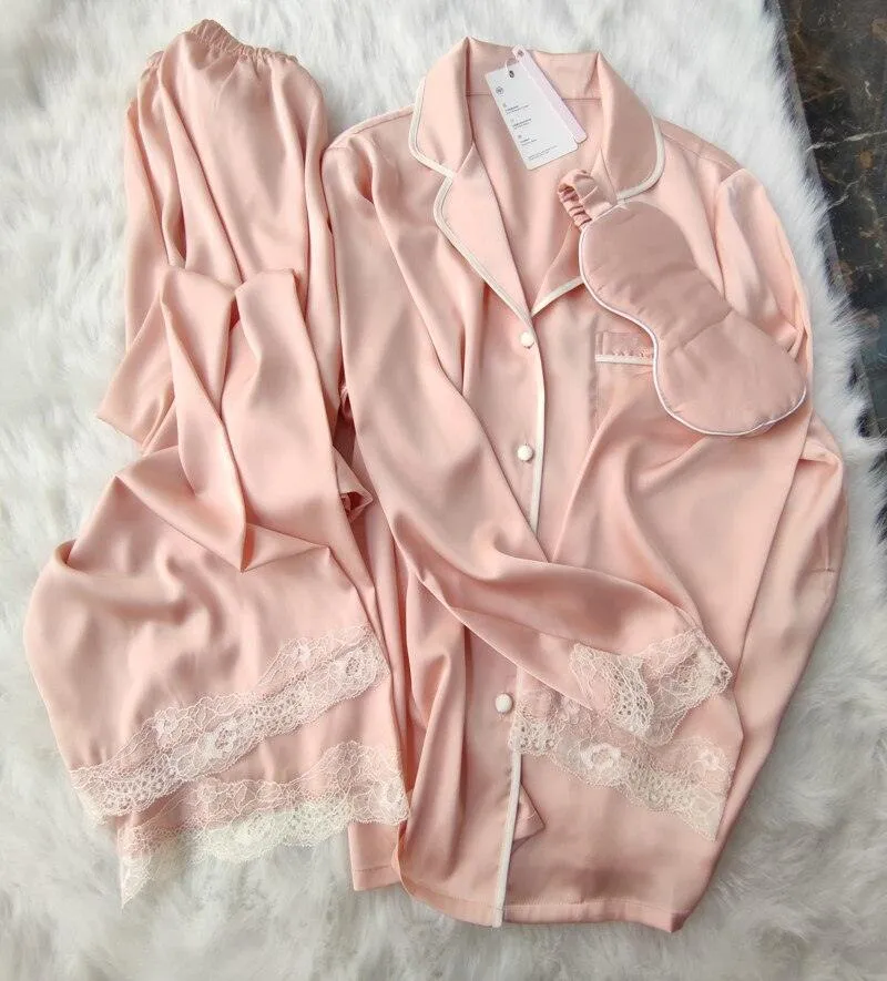 Chic Ice Silk Long Sleeve Pajama Set for Women - Spring Elegance