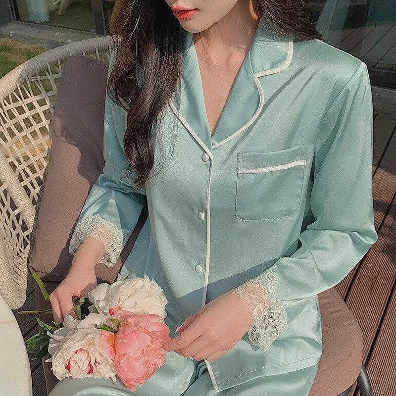 Chic Ice Silk Long Sleeve Pajama Set for Women - Spring Elegance