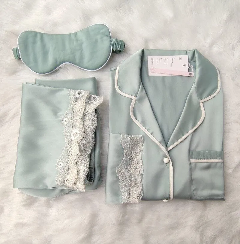 Chic Ice Silk Long Sleeve Pajama Set for Women - Spring Elegance