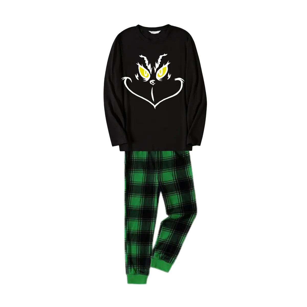 Christmas Cartoon Face Print Black Long Sleeve Top with Green and Black Plaid Couple Matching Pajamas