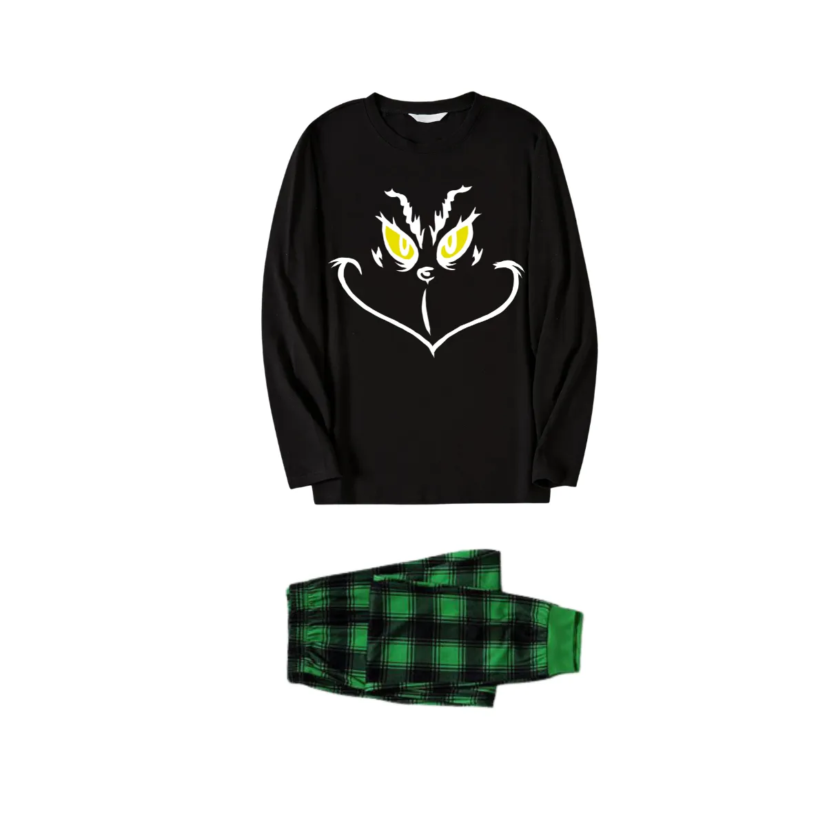 Christmas Cartoon Face Print Black Long Sleeve Top with Green and Black Plaid Couple Matching Pajamas