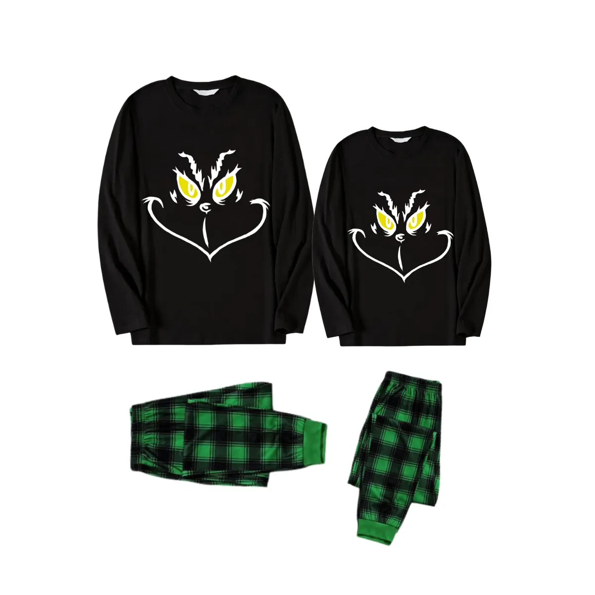 Christmas Cartoon Face Print Black Long Sleeve Top with Green and Black Plaid Couple Matching Pajamas