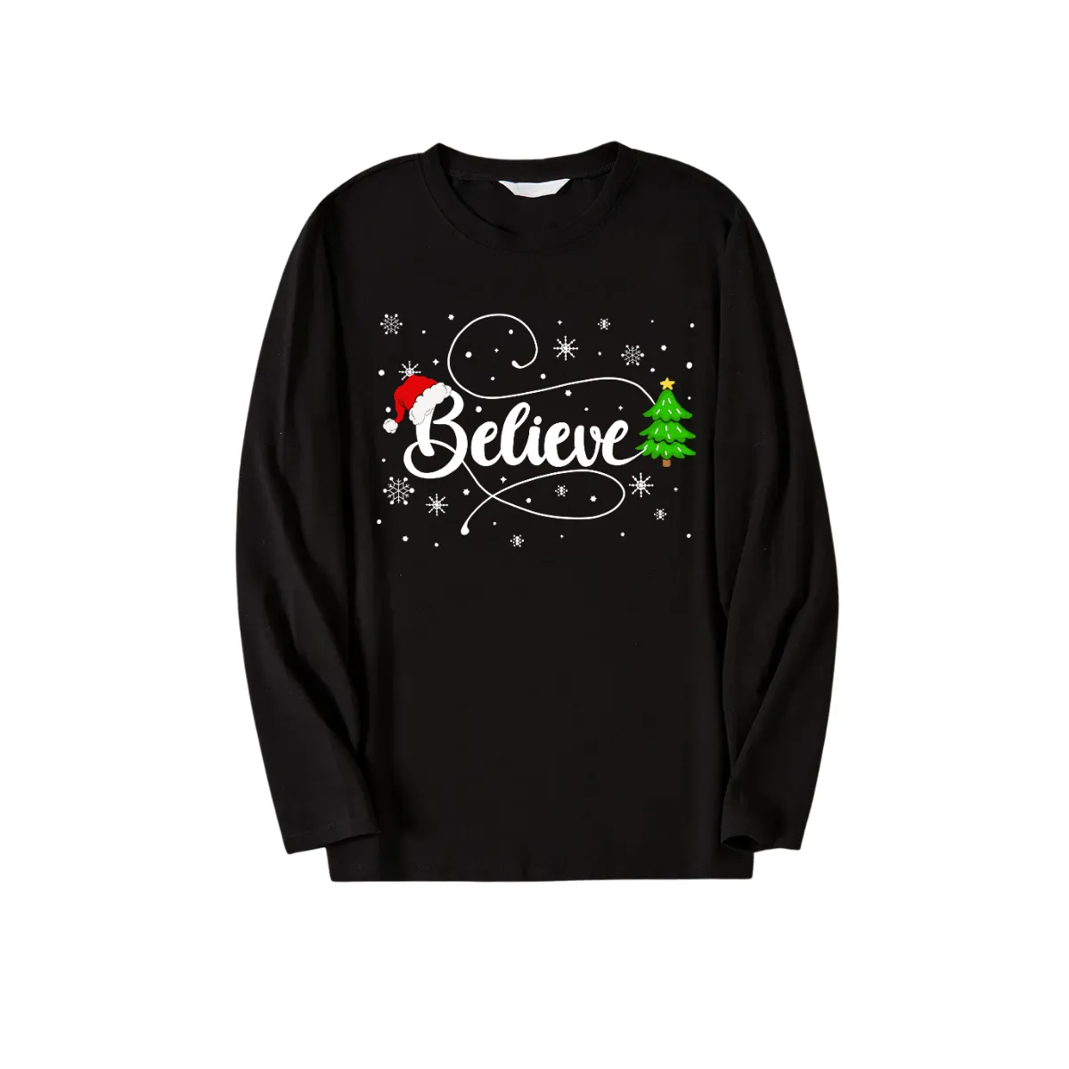 Christmas "Believe" Text and Tree Print Black Long Sleeve Top with Green and Black Plaid Couple Matching Pajamas