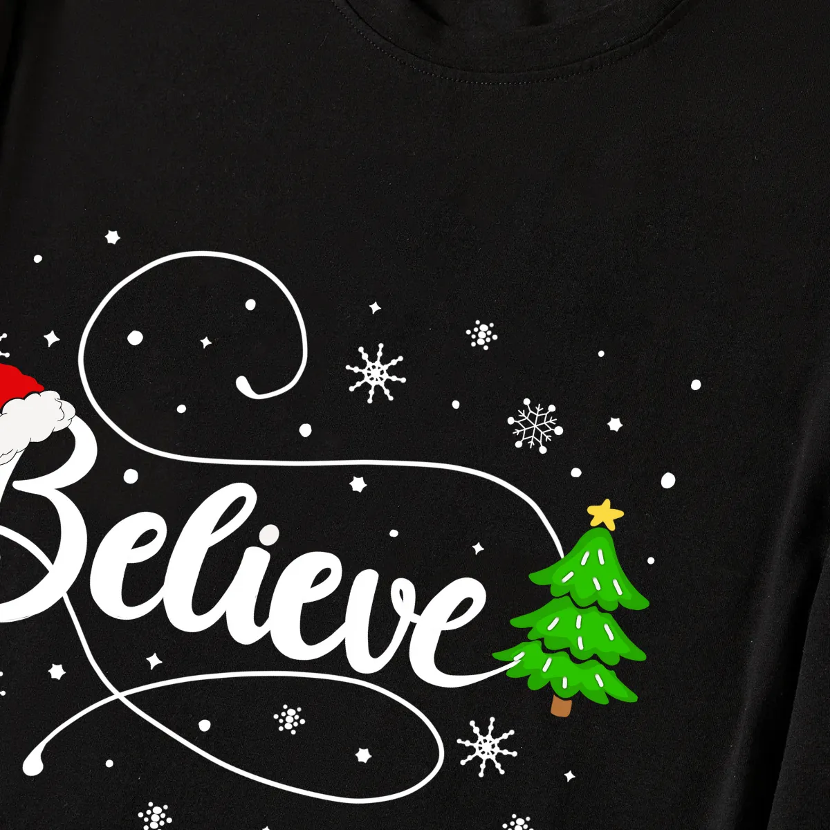 Christmas "Believe" Text and Tree Print Black Long Sleeve Top with Green and Black Plaid Couple Matching Pajamas