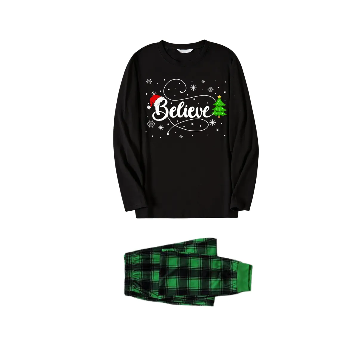 Christmas "Believe" Text and Tree Print Black Long Sleeve Top with Green and Black Plaid Couple Matching Pajamas