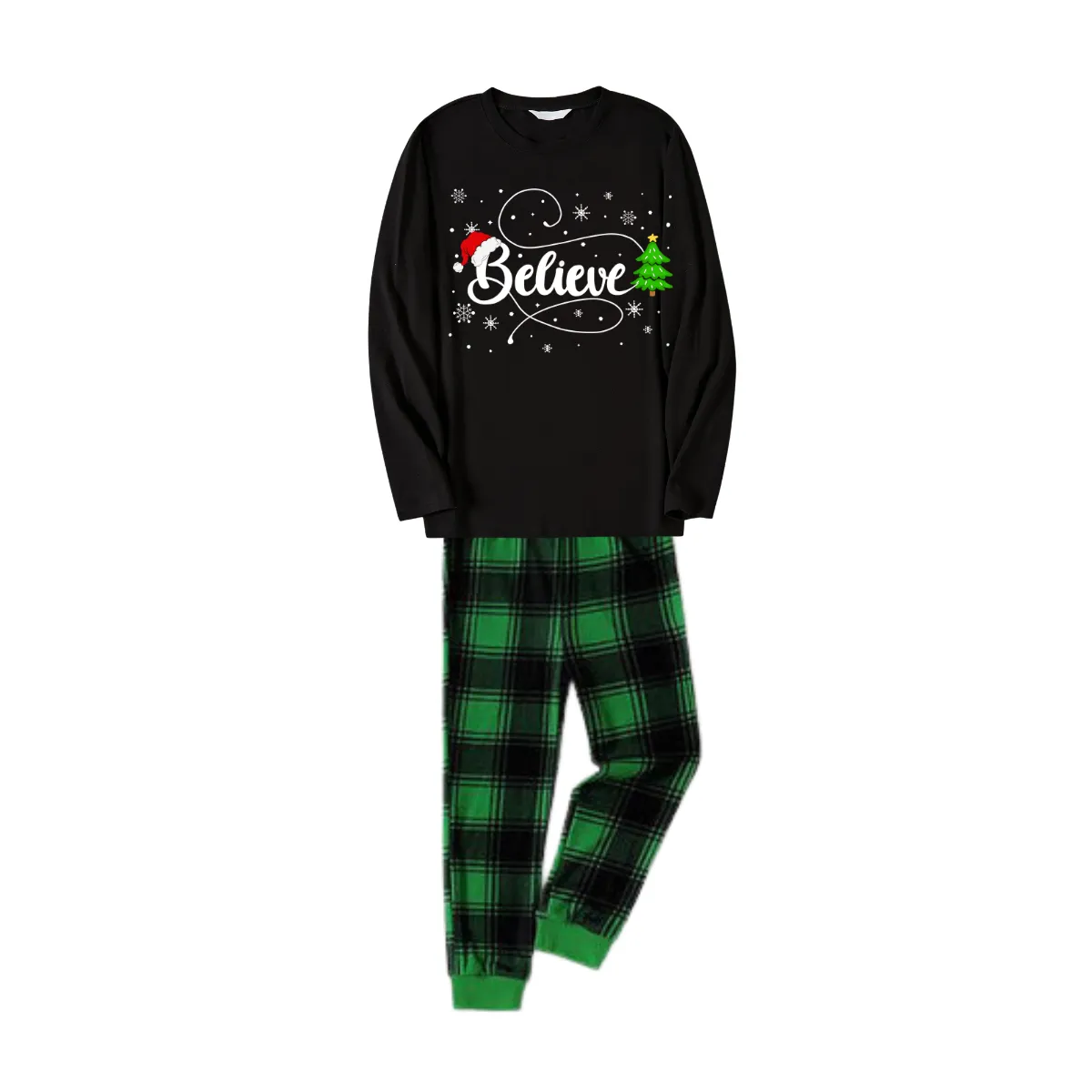 Christmas "Believe" Text and Tree Print Black Long Sleeve Top with Green and Black Plaid Couple Matching Pajamas