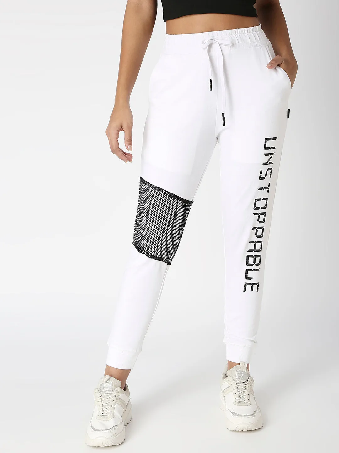 Disrupt White Mesh Panel Typographic Jogger For Women