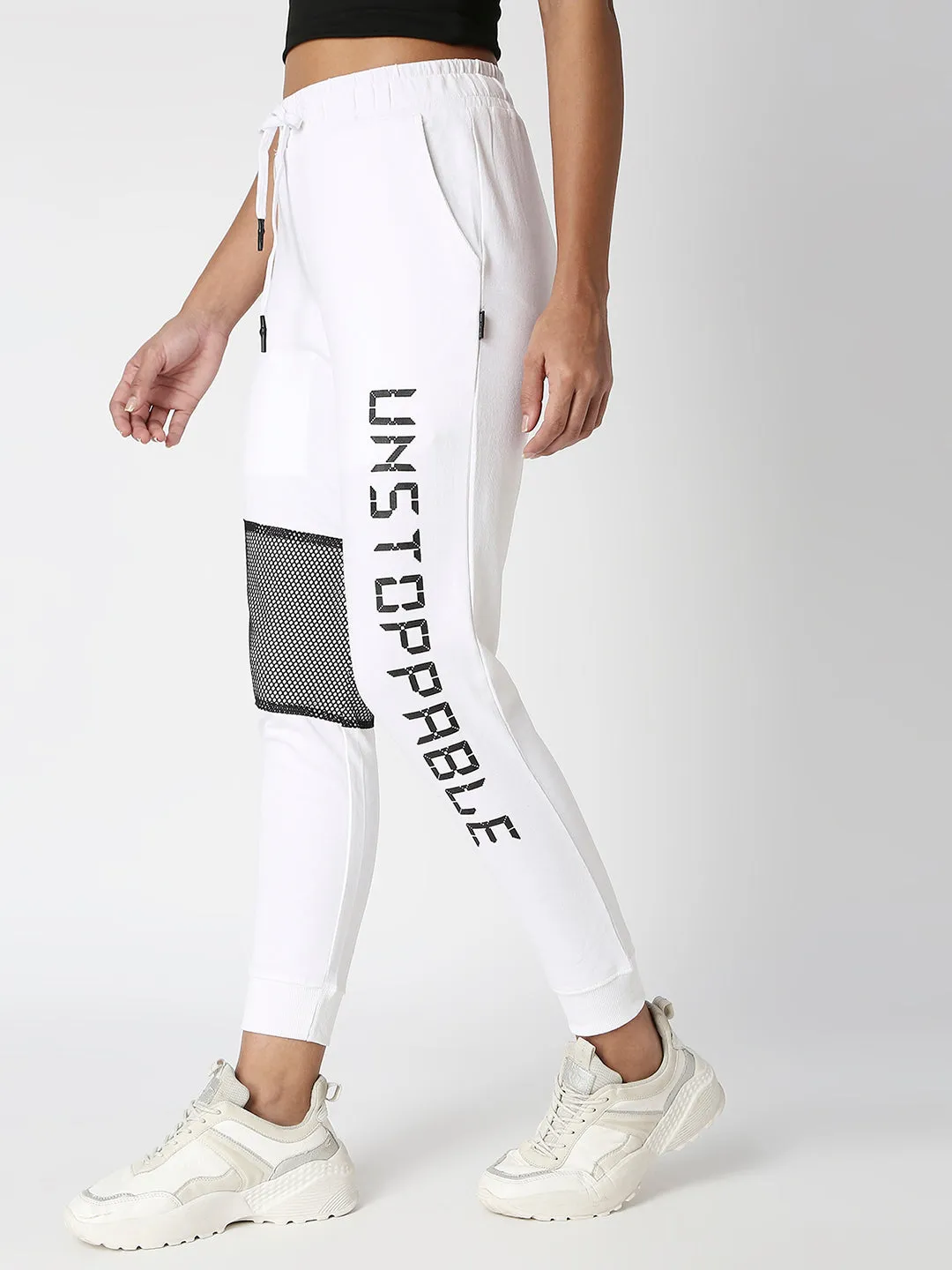 Disrupt White Mesh Panel Typographic Jogger For Women