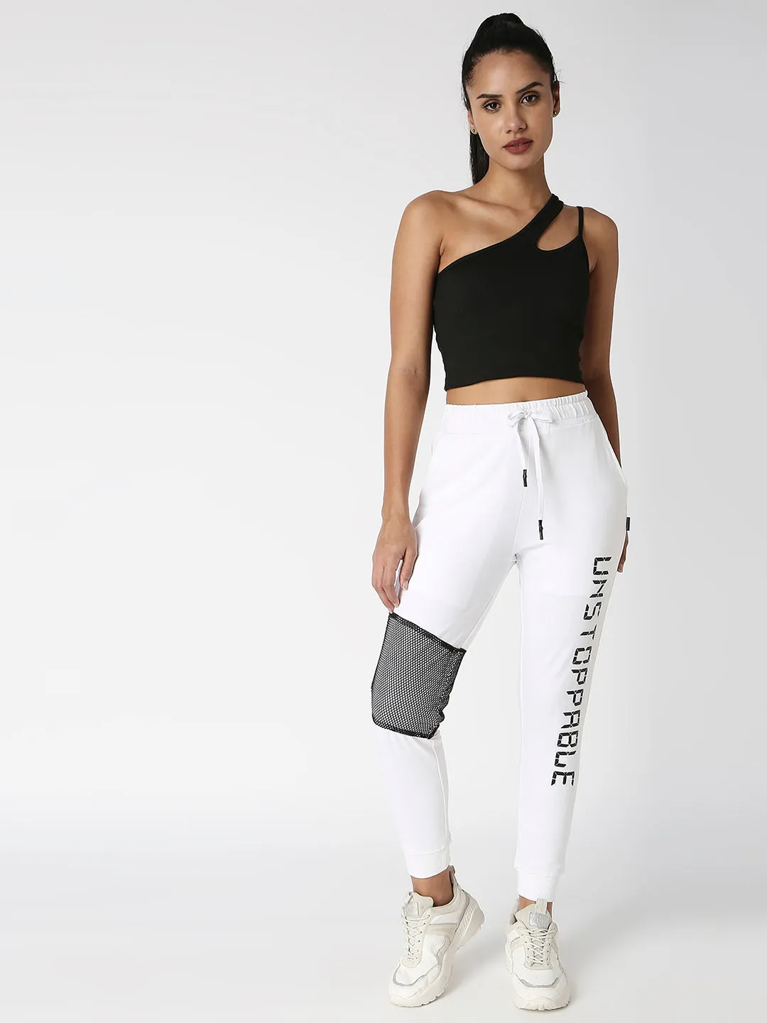 Disrupt White Mesh Panel Typographic Jogger For Women