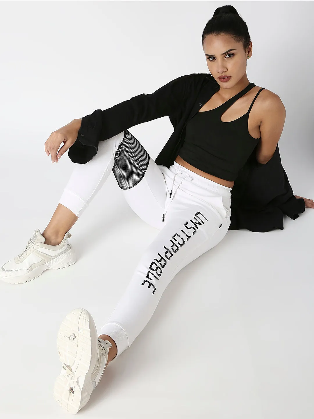 Disrupt White Mesh Panel Typographic Jogger For Women