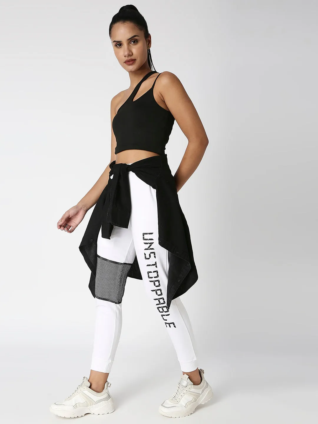 Disrupt White Mesh Panel Typographic Jogger For Women