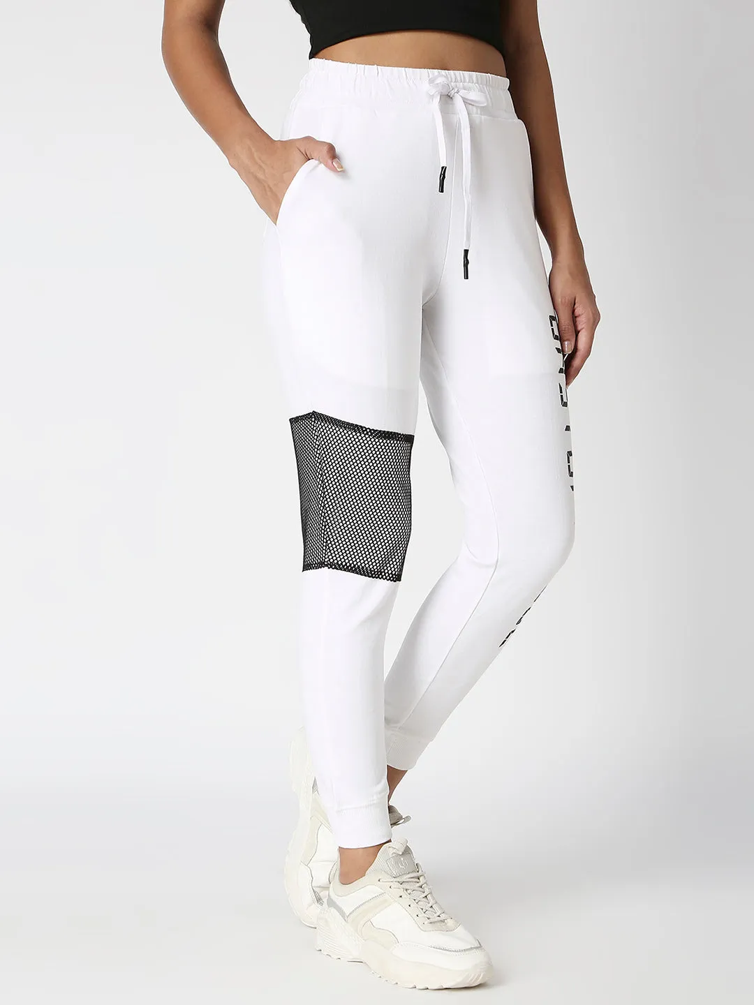 Disrupt White Mesh Panel Typographic Jogger For Women