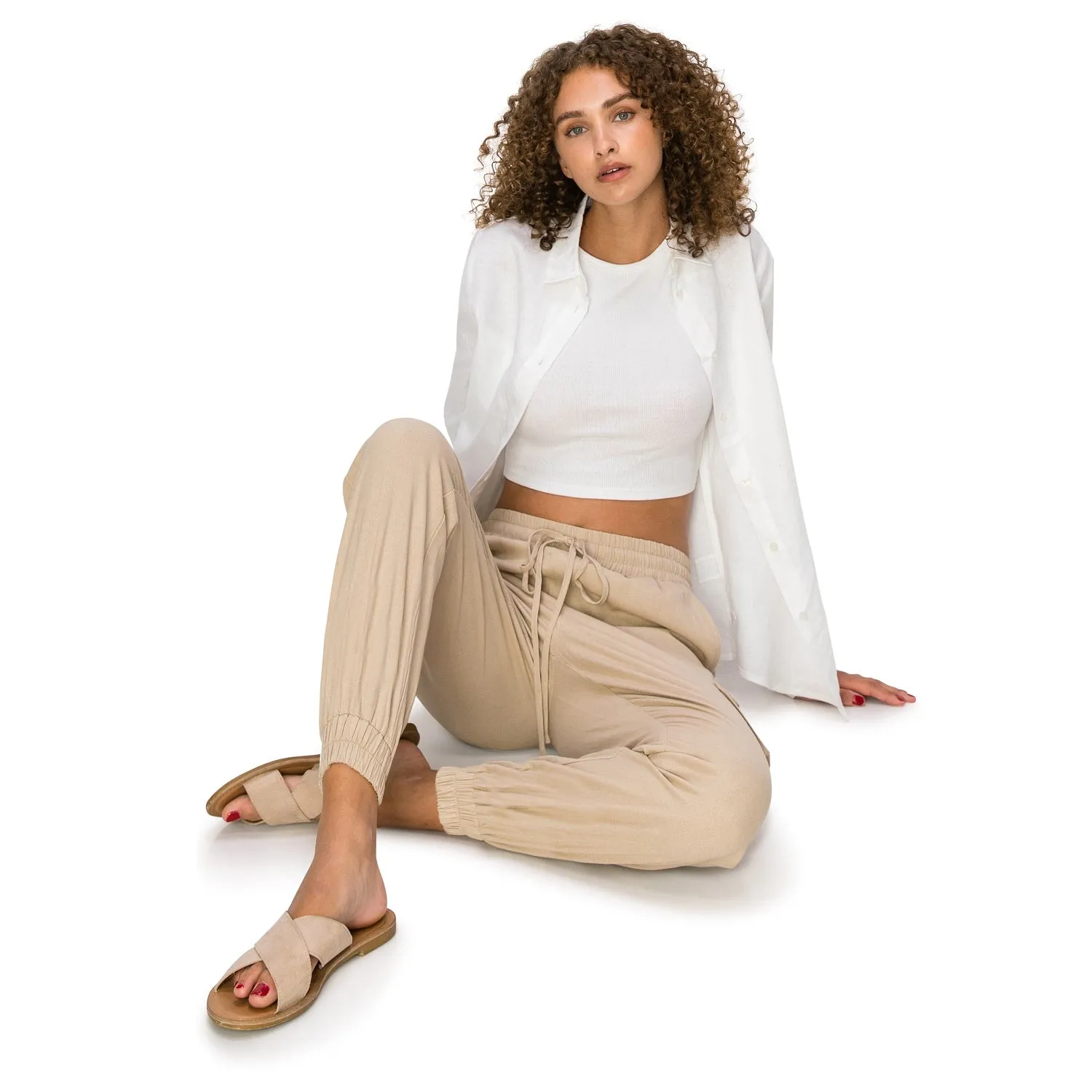 Drawstring Waist Linen Cargo Jogger Pants - Khaki