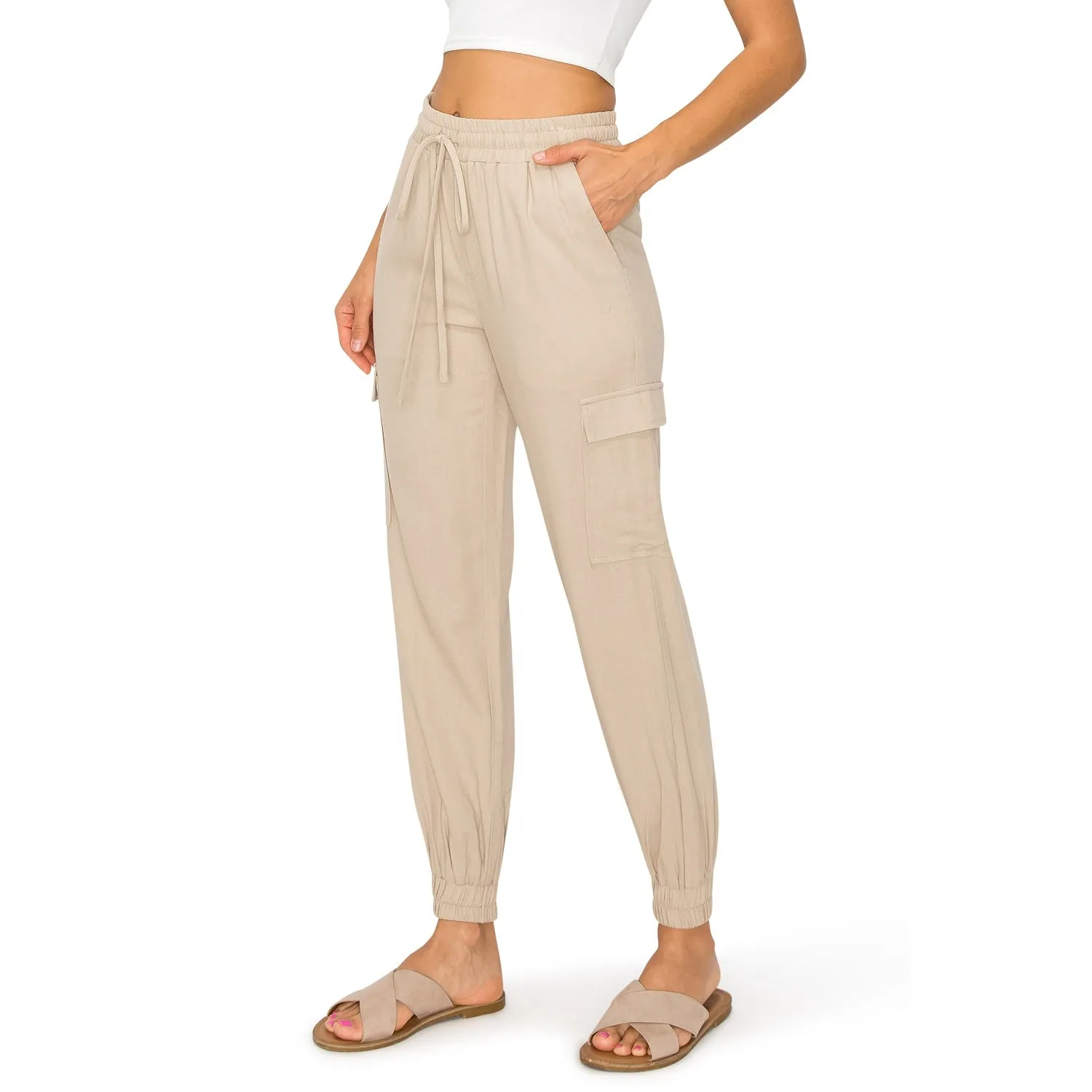 Drawstring Waist Linen Cargo Jogger Pants - Khaki