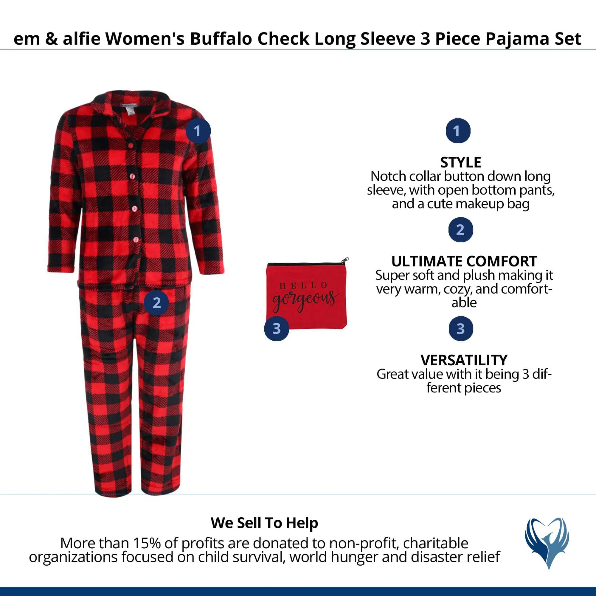 em & alfie Women's Buffalo Check Long Sleeve 3 Piece Pajama Set