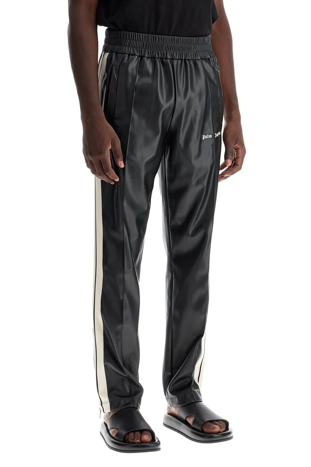 faux leather joggers with side stripes