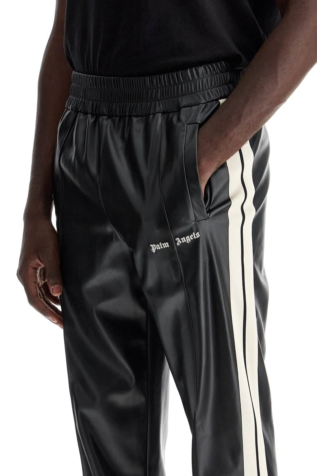 faux leather joggers with side stripes