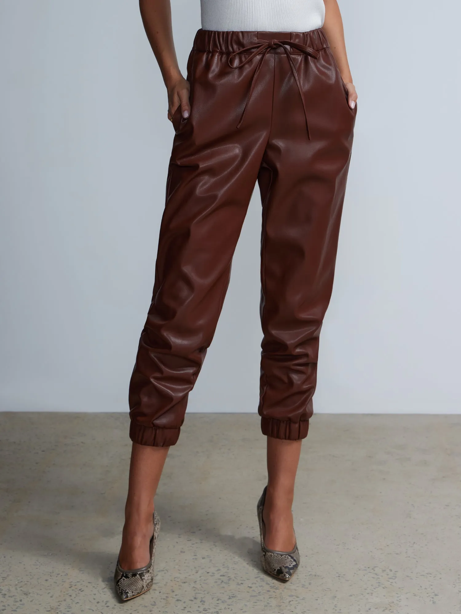 Faux Leather Tapered Ankle Relaxed Fit Joggers