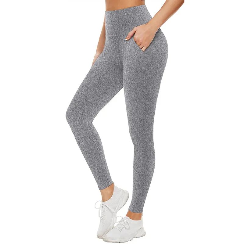 Fullsoft Light Grey Womens Yoga Leggings With Pocket High Waisted Tummy Control Pants