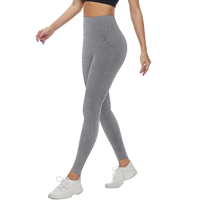 Fullsoft Light Grey Womens Yoga Leggings With Pocket High Waisted Tummy Control Pants