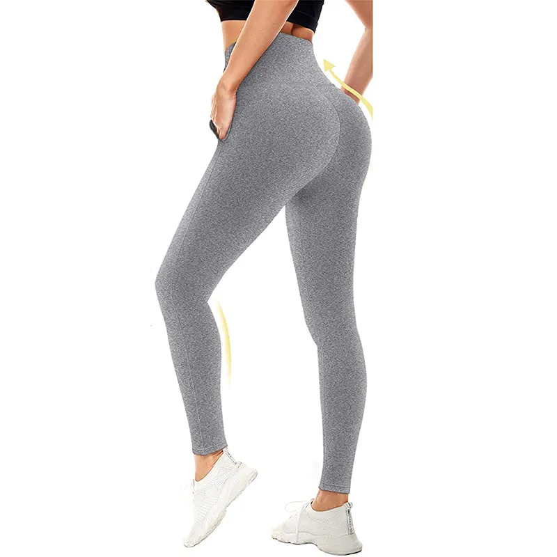 Fullsoft Light Grey Womens Yoga Leggings With Pocket High Waisted Tummy Control Pants