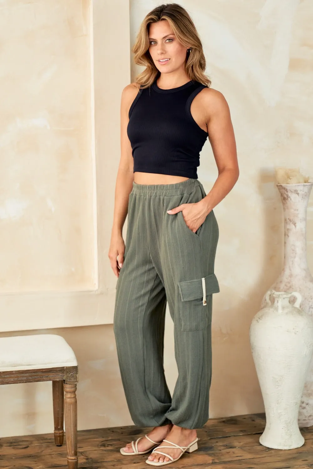 Hailey & Co Green Textured Rib Knit Cargo Jogger Pants