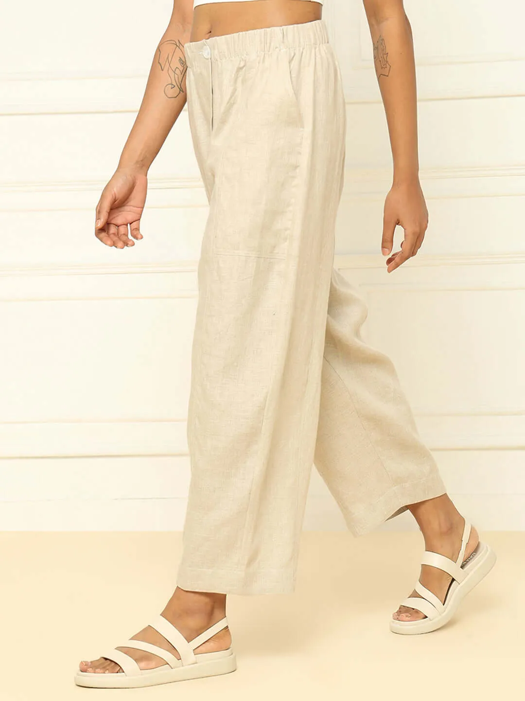 Linen Barrel Pants Beige