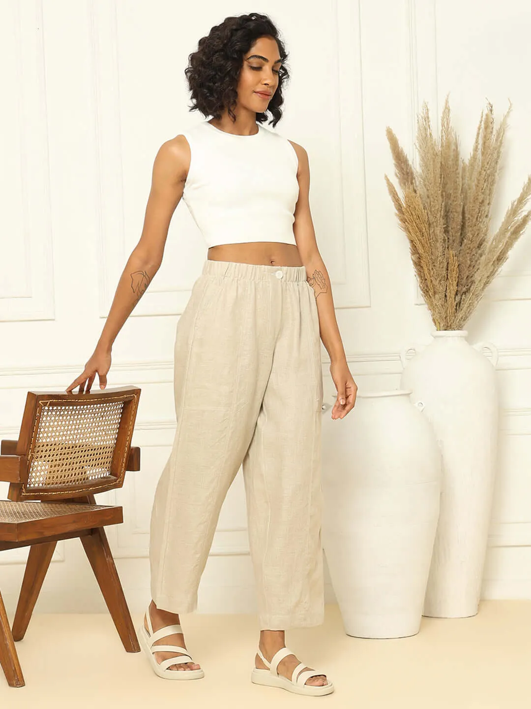 Linen Barrel Pants Beige