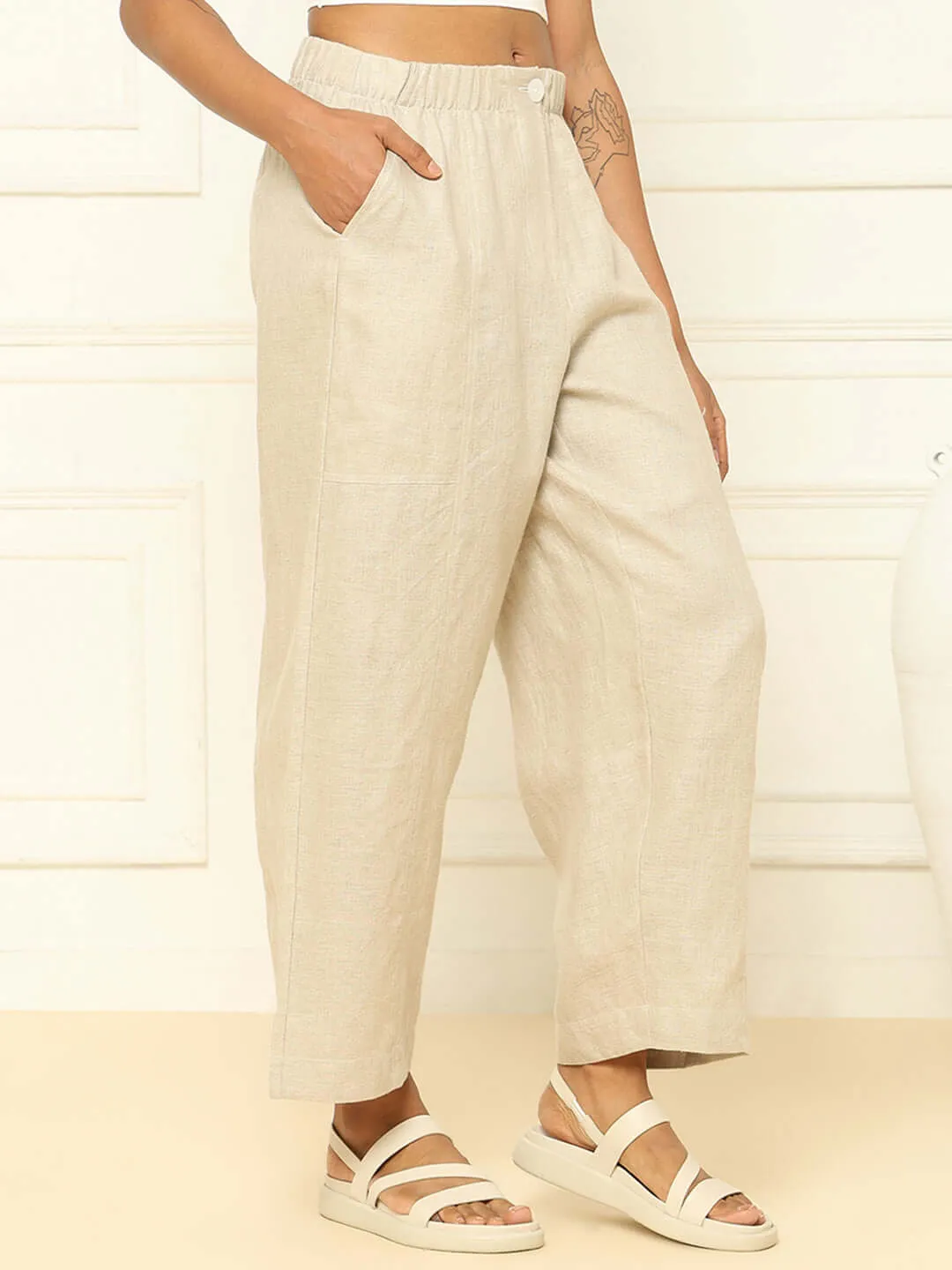 Linen Barrel Pants Beige