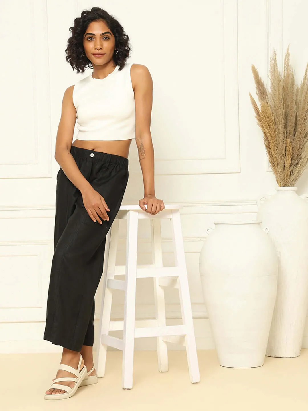 Linen Barrel Pants Black