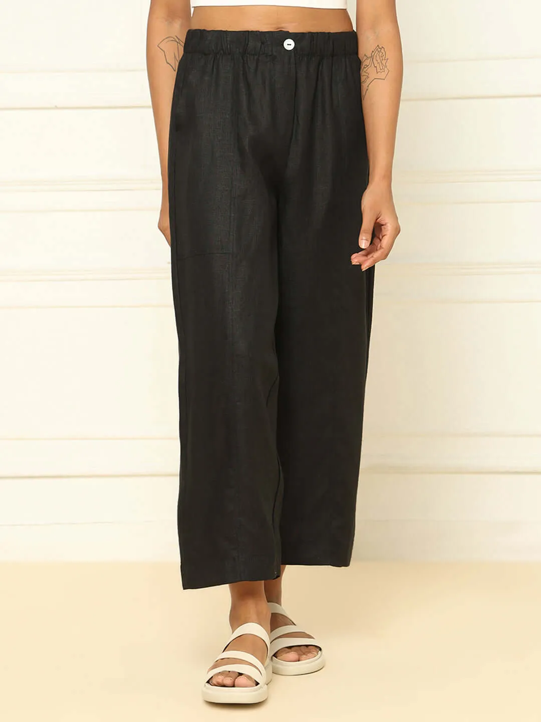 Linen Barrel Pants Black