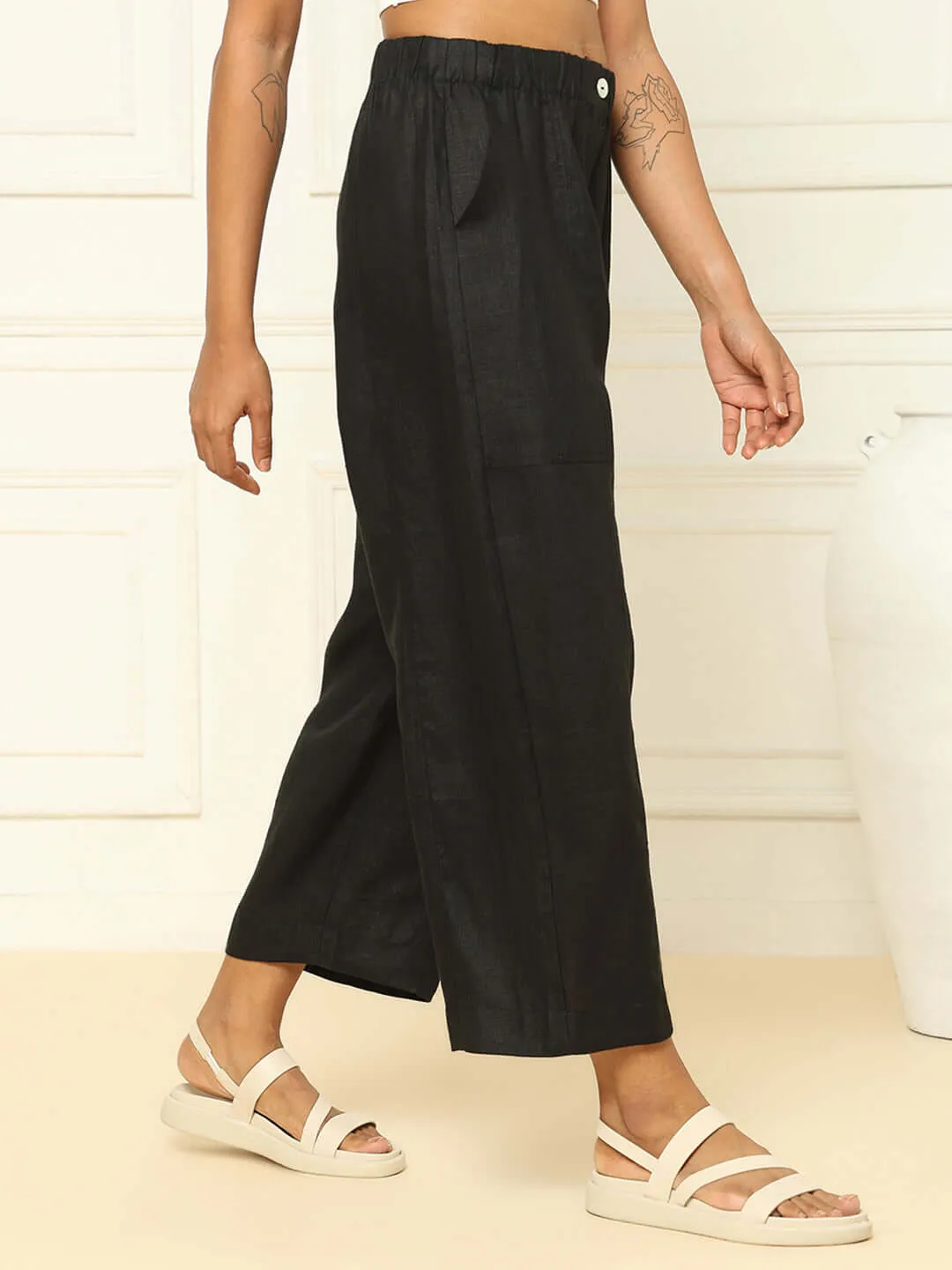 Linen Barrel Pants Black