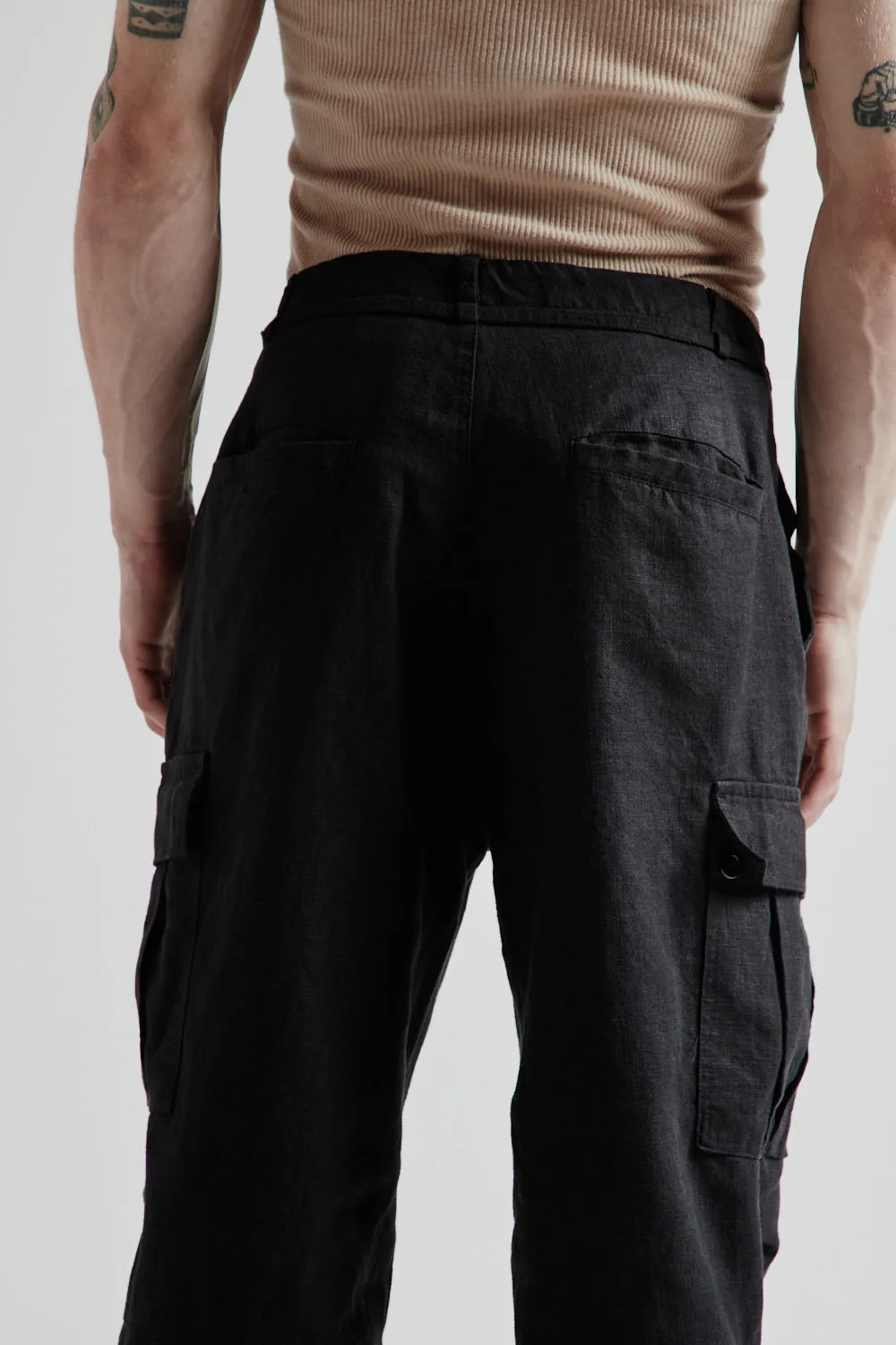 Linen Cargo Parachute Pants - Black